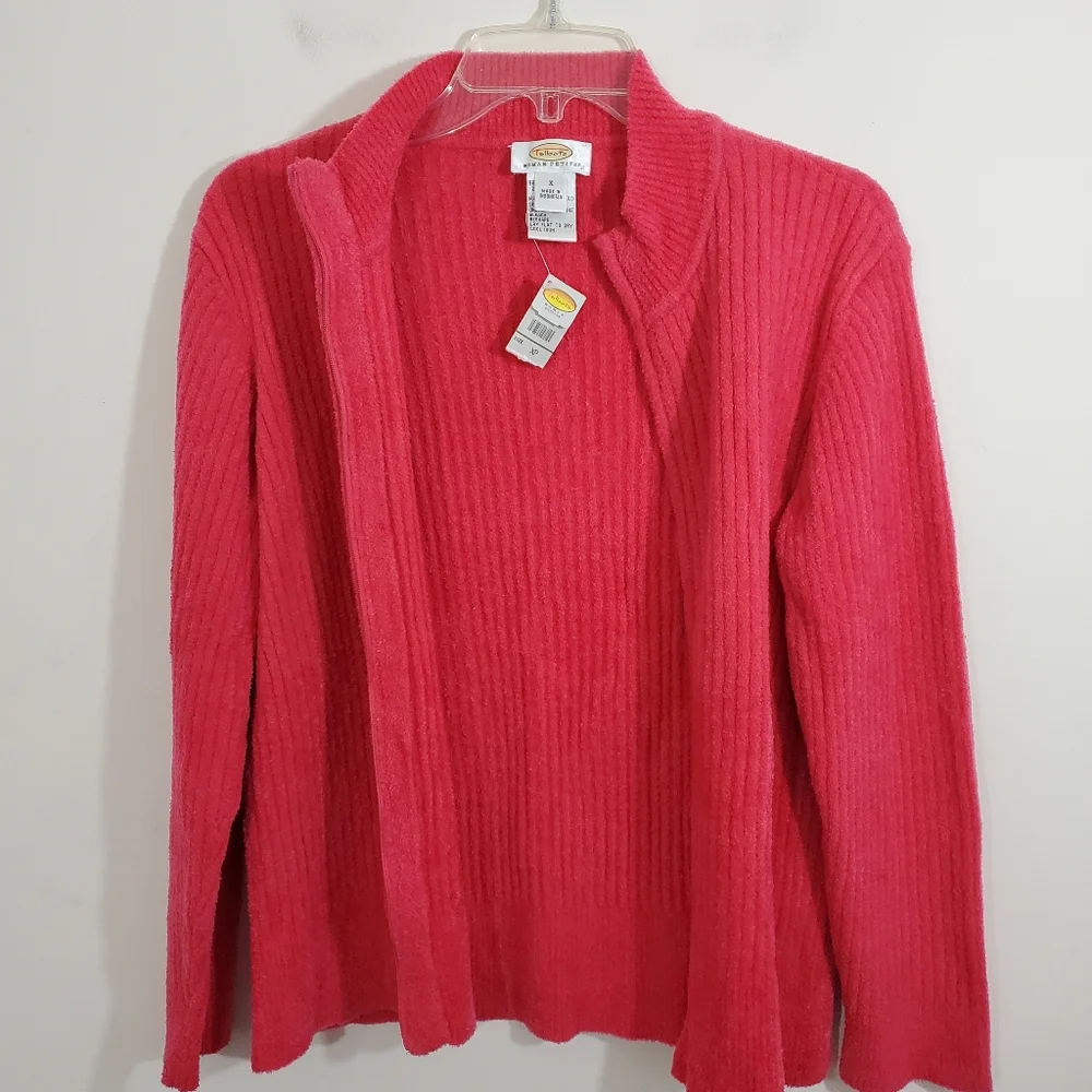 NWT Talbots Chenille Texture Zip Front Cardigan Sweater Knit Pink Size Large